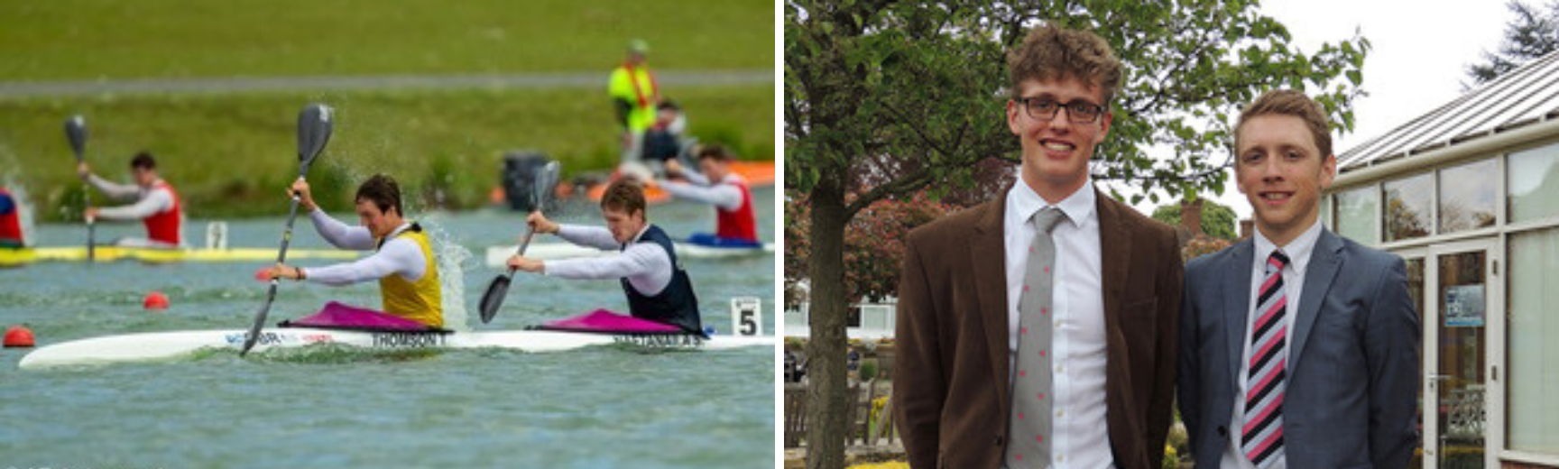 A picture of Magnus canoeing and a picture of Magnus dressed in a suit, in a garden with another person