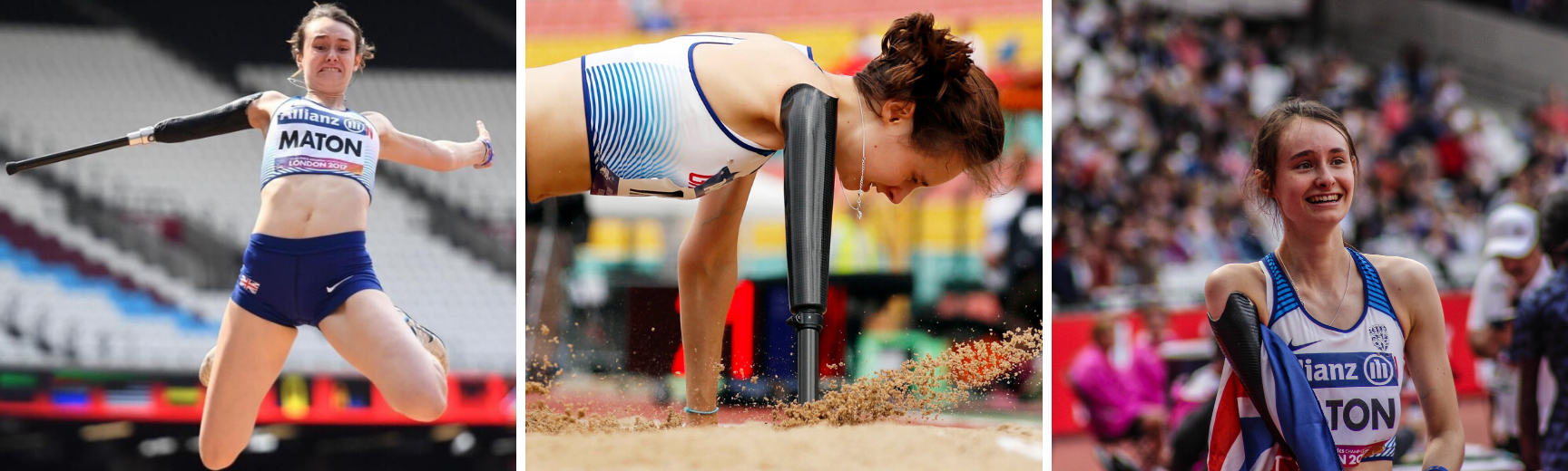 Two images of Polly competing in long jump and an image of her with a Union Jack flag
